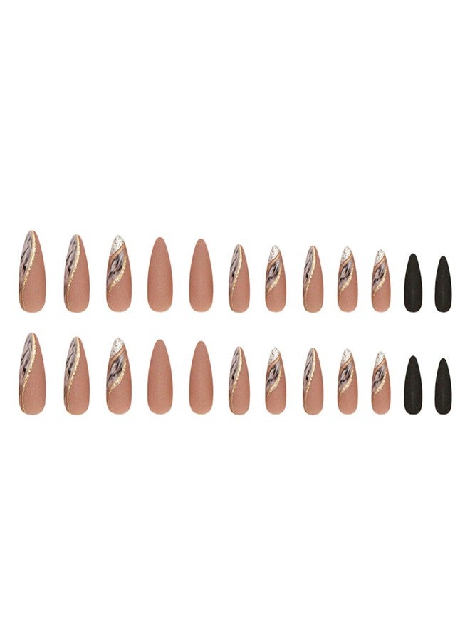 TOGZOM Almond Press on Nails Medium Fake Nails Nude False Nails with Designs Gold Glitter Line Glue on Nail Marble Full Cover Acrylic Nails Brown Matte Stick on Nail for Women 24 Pcs - Image 5